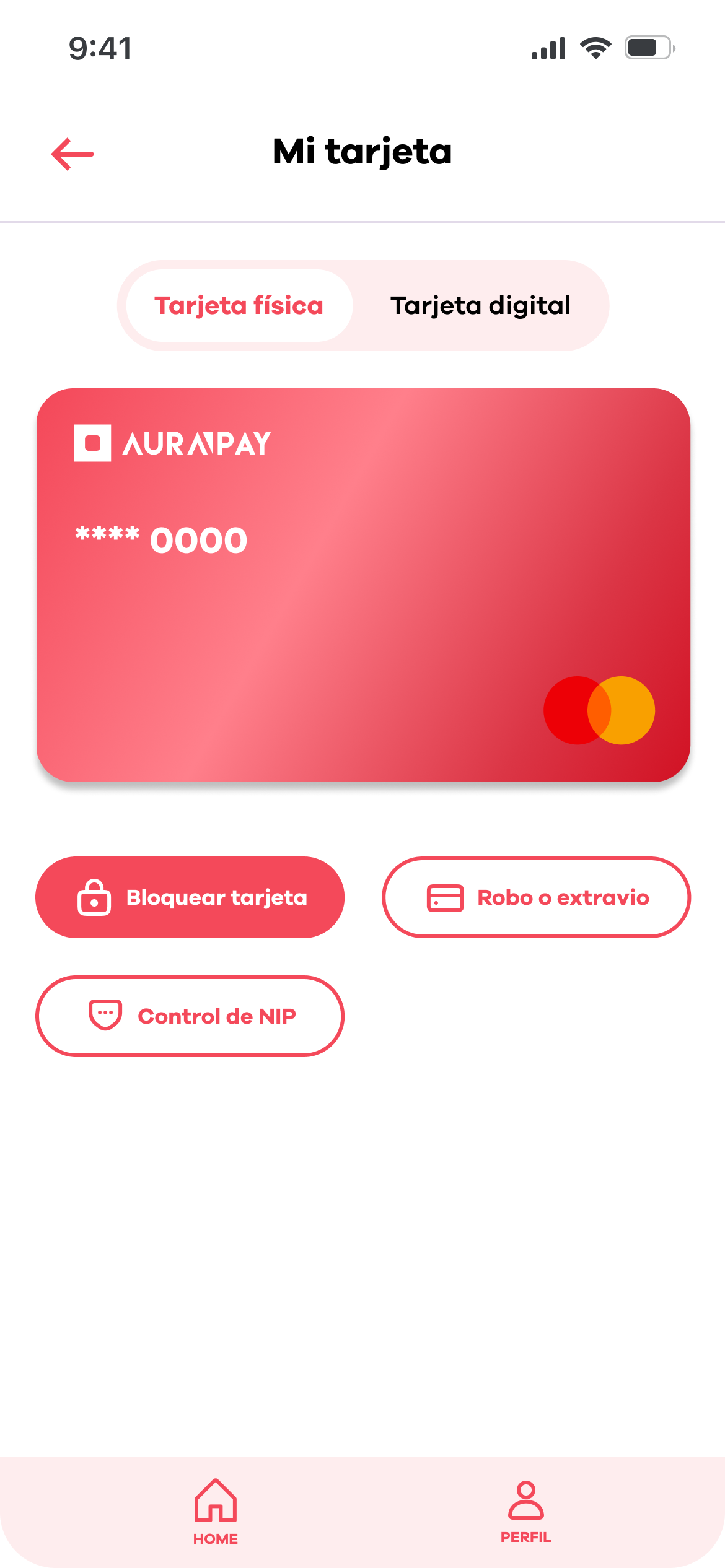 AURAPAY mobile app showing card management screen